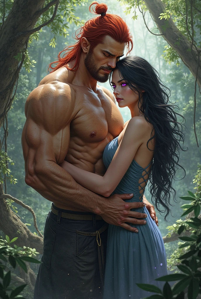 A handsome young man with long beige hair down to his knees. He is bare-chested and tanned.. He has brown furry legs with hooves., he is still a faun or a satyr. He has no beard or horns., because he is a very young satyr. It is very beautiful. Facial features are masculine. He has a red heart pendant on his chest.. He stands in a forest of ferns, and a woman hugs him. The woman has tanned skin, two long black thick braids down to the ground, Eyes black. She is dressed in a blue floor-length tunic with a brown belt.. On her head she has a thin and light transparent veil that reaches to the ground.. Shoes women brown sandals.