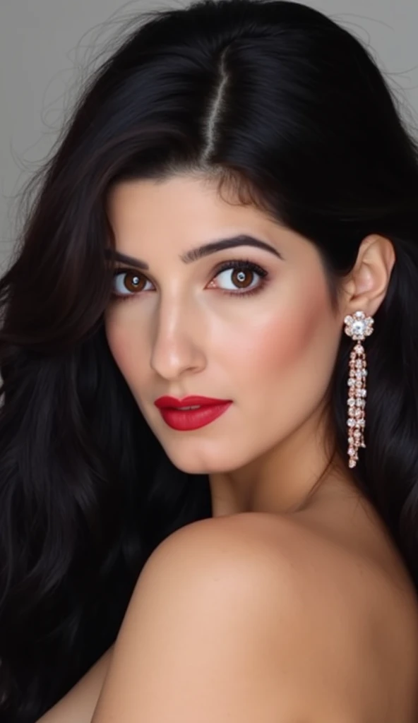 A beautiful Girl long black hair, red lipstick, THANU'S CRAFT Rose Gold Stone Long Earring Dangler Rhinestone Hanging Drop Tassel Earrings For Women Stylish