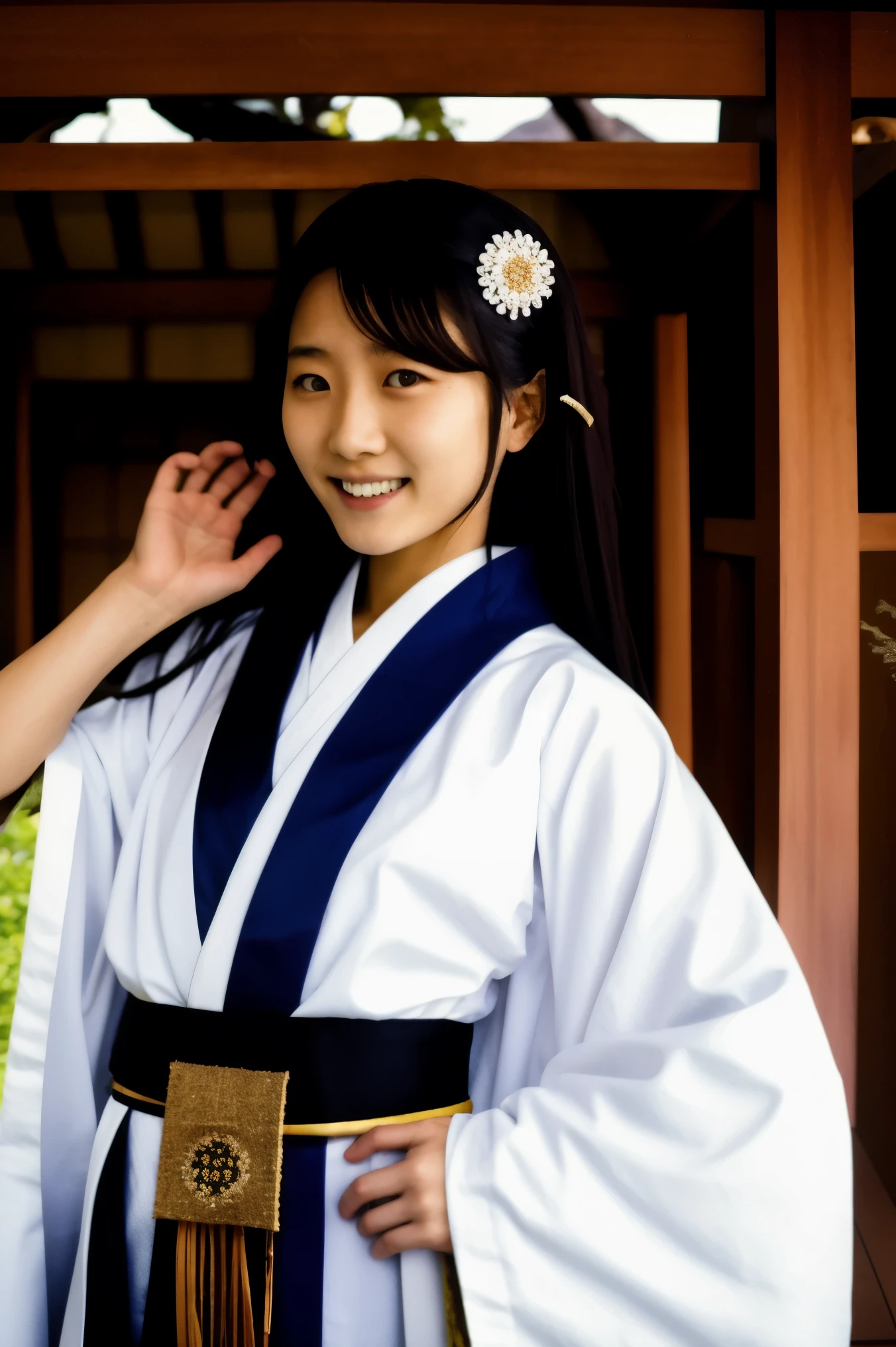 nice japanese girl,japanese shrine maiden in ceremonial outfit, 20 yeas old in white wolf shrine