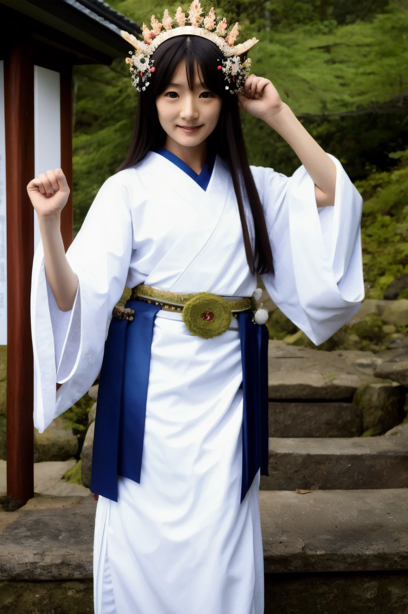 nice japanese girl,japanese shrine maiden in ceremonial outfit, 20 yeas old in white wolf shrine