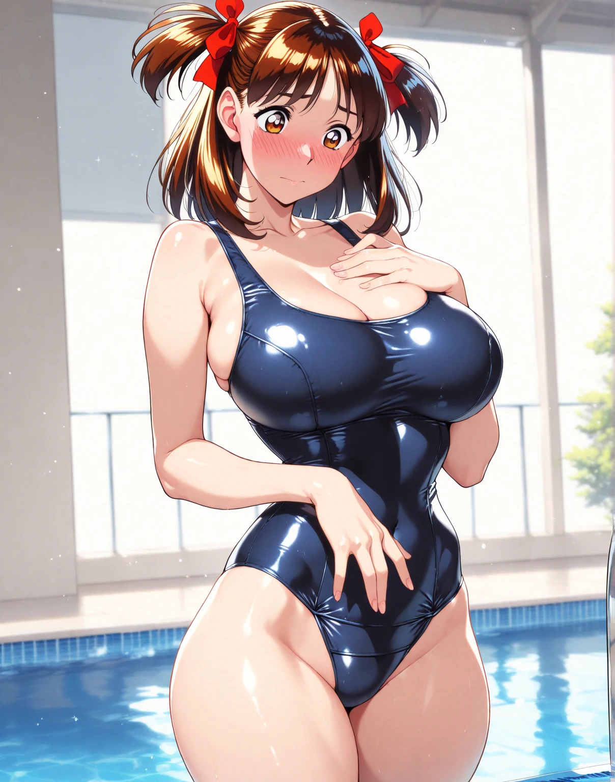 (4km race、highest quality)、(real、photorealistic)、(Yakian)、 1 girl、solo、full body、(face to viewer)、 perfect hands、look up_in_viewer、 white shirt、long brown wavy hair,(huge breasts, There is a cleavage in the chest:1.2),(Metallic blue swimming race suit :1.3), (camel toe),18-year-old、Nogizaka Idol、actress、Korean idol type、Gravure idol,place your arms behind your back,raise both arms,(armpit)、inside the classroom、short hair、