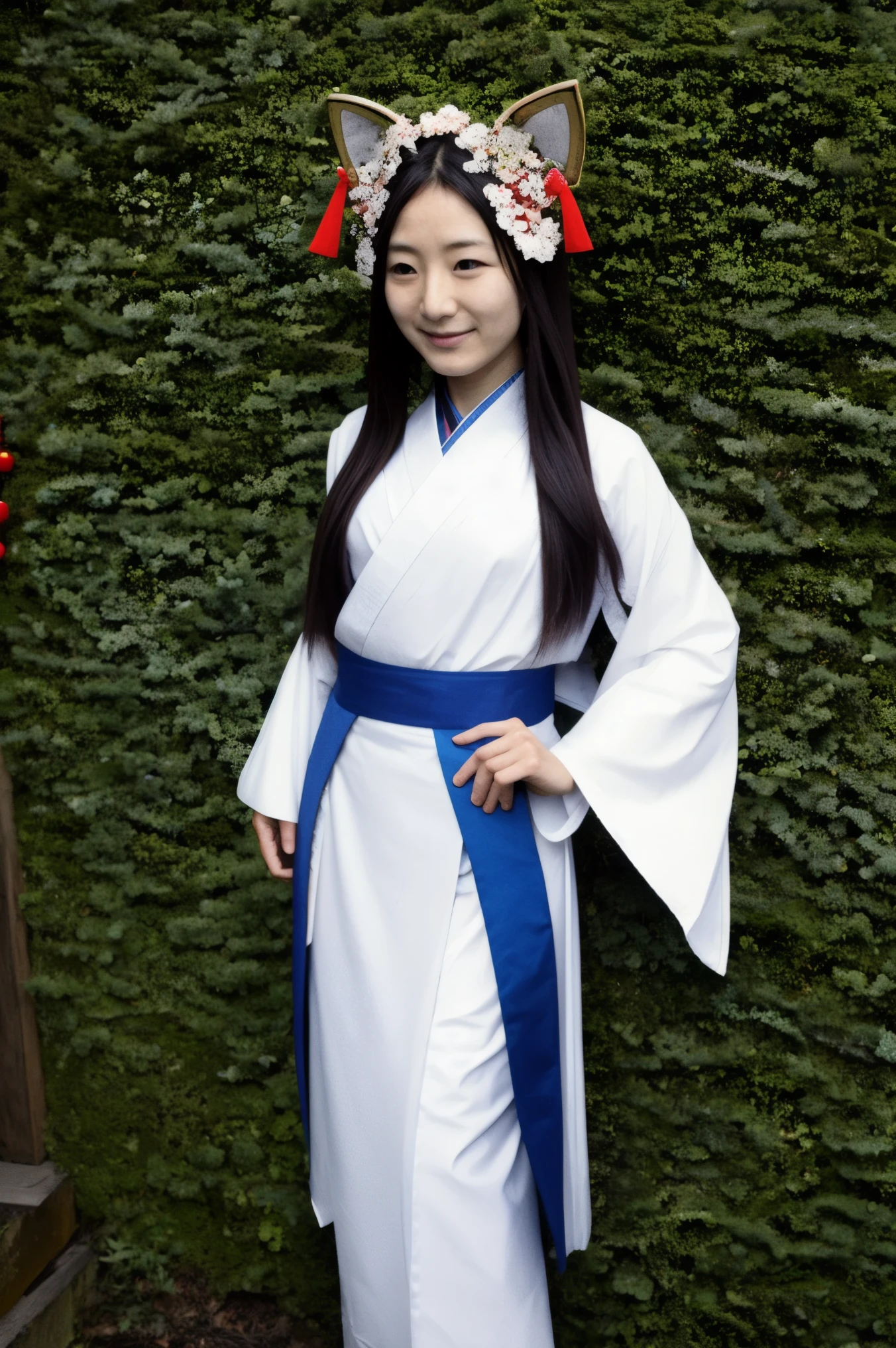 nice japanese girl,japanese shrine maiden in ceremonial outfit, 20 yeas old in white wolf shrine