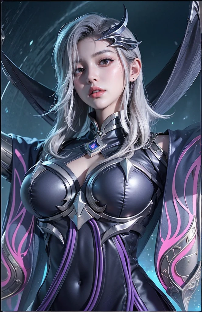 photorealistic, high resolution, 1women, solo, hips up, look at viewer, (detailed face), white hair, long hair, (((center opening, mileena, sai, purple_suit))),thighhighs, fishnets, pelvic curtain