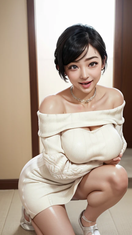 ((masterpiece))、((Highest quality))、picture、Reality、high resolution、Ultra-detailed、Delicate facial features、short hair、Realistic background and accessories、((Big Breasts))、Big sexy smile、Captivating look、Only one corner of the room is bright、Tight, see-through, sleeveless knit dress with buttons and collar、On the bed、((Erect nipples))、Slim and toned waist、thin and neat legs、Beautiful thighs、Spread your legs wide to show your vagina