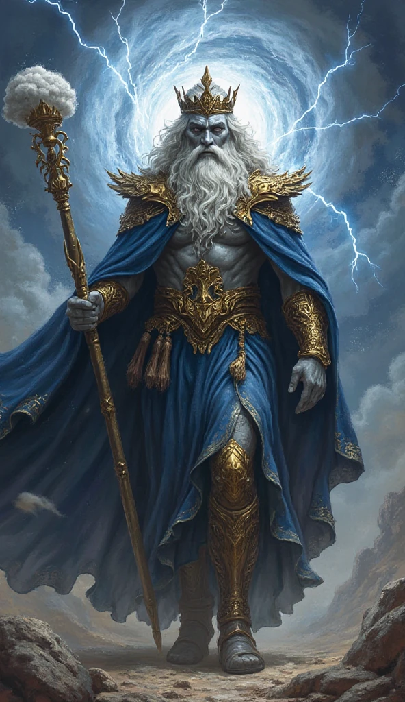 Anunnaki god, golden dress and white cloak, red Egyptian king's hat, blue eyes, blue electricity in the sky, rain, long white beard and hair, beards like old Persian soldiers white, standing smiling and holding a long staff It is a bright, blue and patterned sun, high quality, 4k, a masterpiece, a godlike face, muscular and muscular pose, people are worshiping him --auto --s2