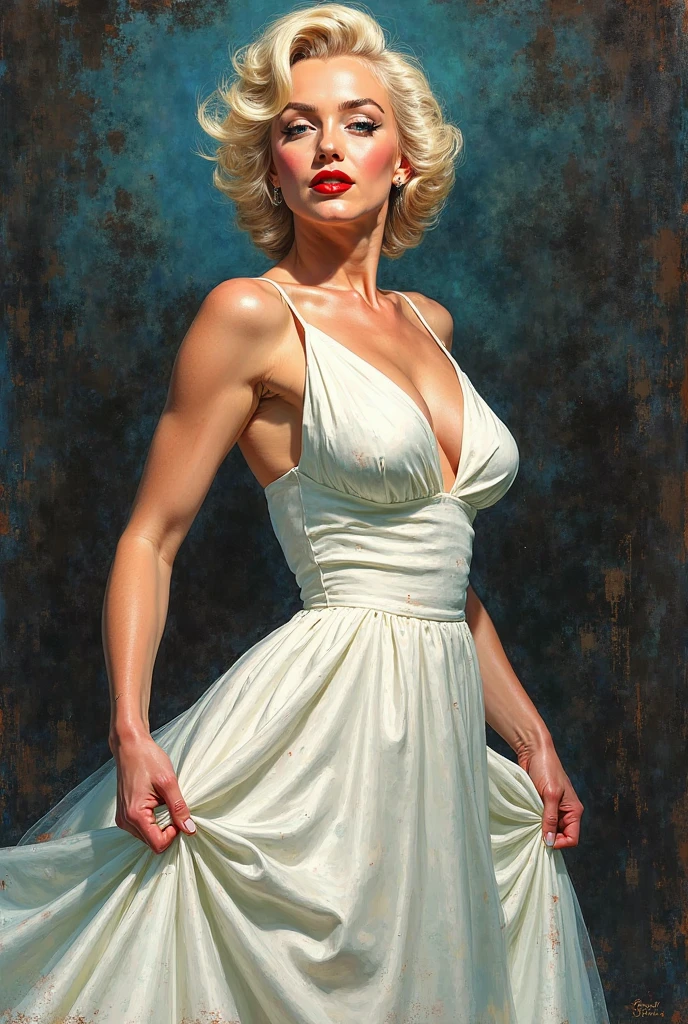 A delicate, 3D oil painting picture portrays, a nude beautiful woman, Marilyn Monroe look, medium firm breasts, standing bare feet without background, her features rendered in subtle shading and precise lines. The framing is tight, focusing attention on the subject's serene face. Soft, feathery strokes convey the gentle texture of her short hair,