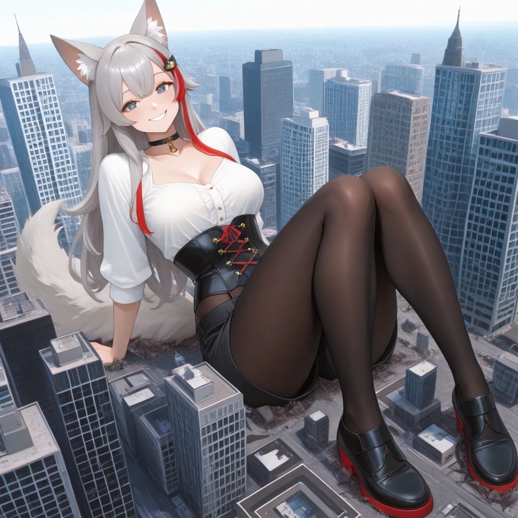 Tokyo, Japan, Giantess, wolf ear, white hair, red eyes, Light frown, Looking down, sky, Sheer white shirt, Black skirt, black lence stockinglock sunlight, high-heels, Raise your feet, disrupt, buildings collapsed