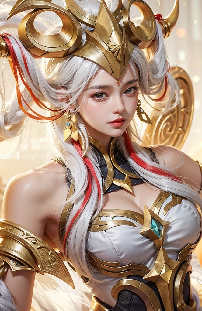(masterpiece, best quality:1.2), intricate details, mythmaker irelia, 1girl, hair ornament, hair rings, bare shoulders, dress, detached sleeves, forehead mark, multicolored hair, white hair, earrings, green eyes, textured skin, looking at viewer, solo, light smile, (mature female:1.2),sexy pose:1.6,cleavage exposed, chest exposed,