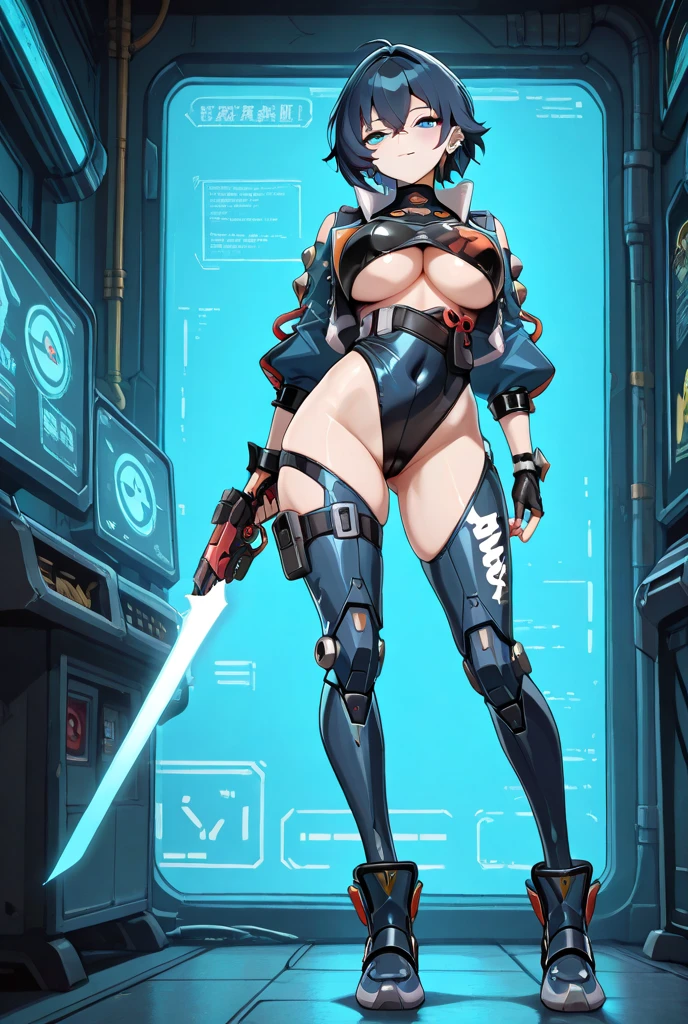 ((1 cyborg woman)),((huge breasts, naked breasts, naked pussy, completely naked, blue clitoral piercing)),((standing, futuristic room)),((serious face)),((with many Bubian hair, with scientist's coat)),((short black hair with short ponytail on the left side, bright yellow eyes)),((facing the viewer, holding a tablet)),((standing in room futuristic)),
