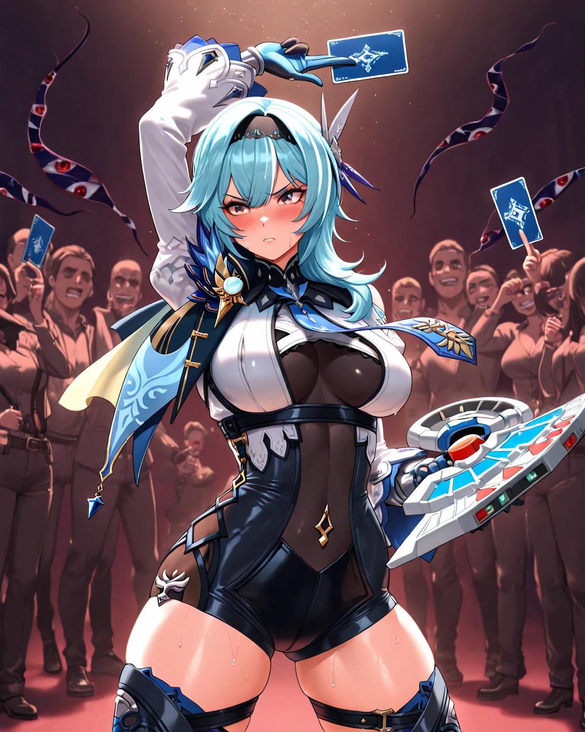 (masuter piece),(Best Quality),(hyper extreme),Beautiful lighting,Solo,are present, 1 girl, alone, blue hair, blue eyes, headgear, sleeveless dress, cleavage cutout, elbow bag, fingerless gloves, thigh boots, cleavage, open your mouth, bare shoulders, combat readiness, floating hair