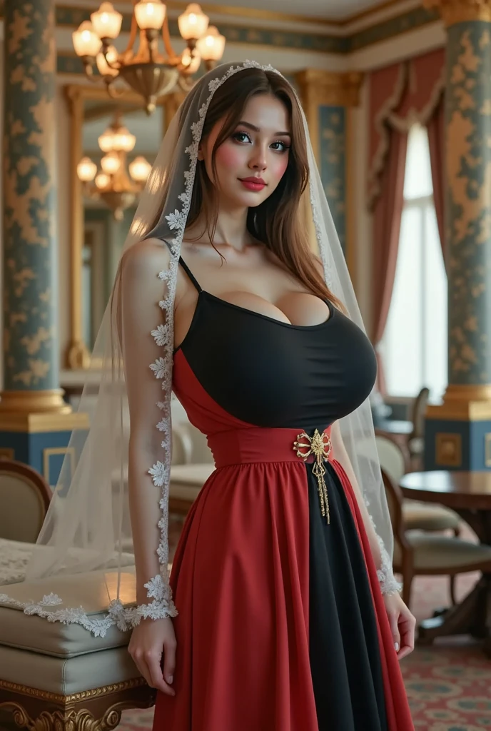 4K, UHD, masterpiece, solo girl, good face, detailed eyes, detailed lips, very long hair, straight hair, very long hair, beautiful hair, hair ornaments, hairband, sexy bun with ponytail hair, ((White-black-Blue-RED-silver-gold-yellow-green enchanting dress)), (photorealistic:1.5), (Realistic big breasts:1.35), (Slender six pack abs), (smile), ((NSFW:0)), ((busty Cleavage)), ((( enchanting body, devilish body, red lipstick, stockings, European palace bedroom, bold dress, d-cup, breast focus, closeup))) ((bare stomach)), sardine, ornaments, necklace, earring, high lighting, depth of field, ray tracing, ultra-realistic detail