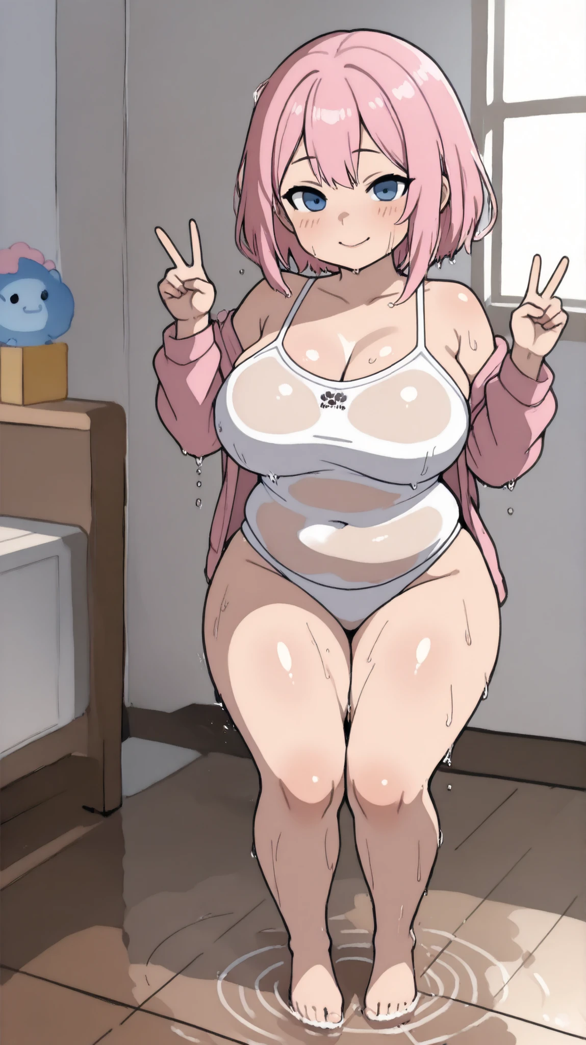 High quality、16 km race、anime screen capture、(((NSFW)))、(((Lori)))、(((smaller breasts)))、(obesity)、(thick thighs)、(Pink hair)、(((((Wavy Hair)))))、Ahoge、(Yellow-green hair clip)、 (bob cut)、(dripping sweat)、(((wavy mouth)))、(Mouth wide open)、((swelling of nipples))、Light blue sports bra、(Light blue striped panties with pink ribbon)、white knee socks、((Orange eyes))、big ass、(Hands behind your body)、(((surprised)))、(((embarrassing)))、shower room、taking a shower、legs spread、from below