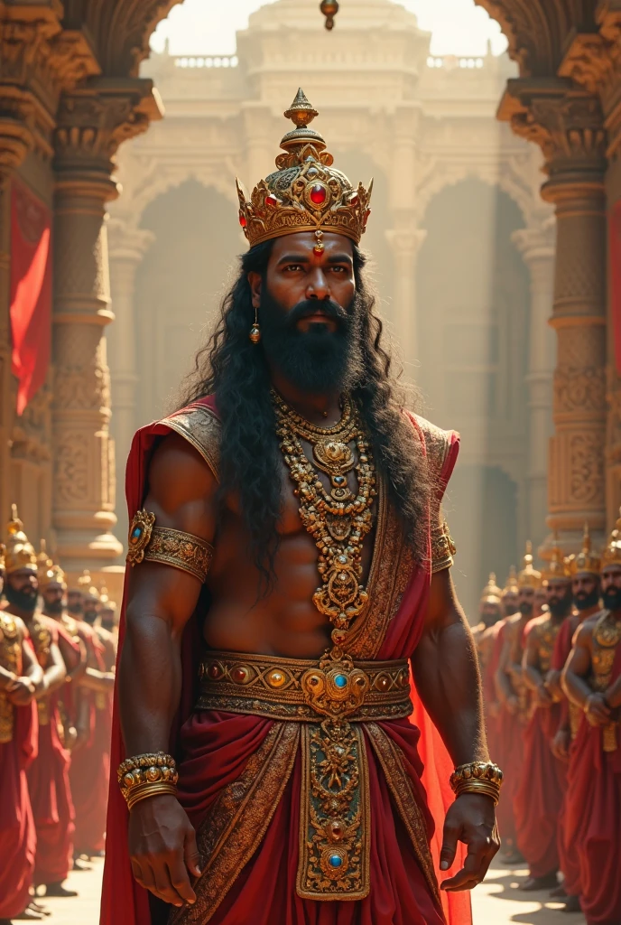 Gilgamesh is an imposing man, muito alto e musculoso, Exuding strength and power. He has an athletic build, able to accomplish extraordinary feats. Your facial features are strong, com um maxilar quadrado e olhos penetrantes de cor escura, symbolizing wisdom and determination. Its nose is straight and prominent, conferindo-lhe um aspecto nobre. Gilgamesh has a thick, curly beard that reaches down to his chest., and your hair is long, ondulados e escuros, falling on the shoulders with a wild and majestic appearance.
He wears ornate royal attire typical of a Sumerian king, such as an intricately patterned wool kilt or skirt and a cape or tunic draped over the shoulders. The colors of their costumes are rich, como vermelho, dourado e azul, representando sua realeza e status. Gilgamesh usa joias significativas, como braceletes e colares, and a simple crown with lion or bull motifs.
Frequentemente retratado com uma grande espada ou machado, your weapons are imposing and detailed, simbolizando sua capacidade de guerreiro. He can also be seen with a decorated shield. In some depictions, he is accompanied by mythical figures, like lions, que ele derrotou.
The environment around Gilgamesh often includes Sumerian architectural elements, como zigurates, or natural landscapes of Mesopotamia. He is often shown in battle scenes or in positions of authority., como em um trono ou liderando homens.