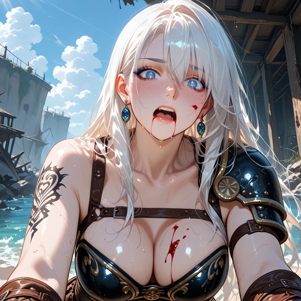 ((Highest quality)), ((masterpiece)), (detailed), (One woman and one old man),(bikini armor), battlefield,outnumbered, Ahegao,orgasm,whole body,Sweaty,Drooling,I give a titjob to a shirtless old man's small dick,It feels so good,Ecstasy at its best,最高のorgasm,