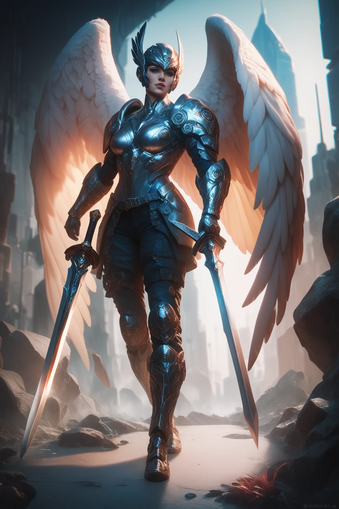 ((((Massive, tall, beautiful, buff, muscular light brown skinned female knight with black hair, black lipstick, huge angle wings, ginormous bulky muscles, holding a sword and shield and wearing an all black gleaming knight armor with hauberk and pants)))), {close view}, black eyeliner, massive muscles, massive biceps, hyper muscle triceps, (long straight hair), orange eyes, giant angel wings, knight boots, In a castle, (hauberk pants), steel knight armor, armor breastplate, nighttime, confident smile, hyper muscles arms, hyper muscle legs, ginormous arms