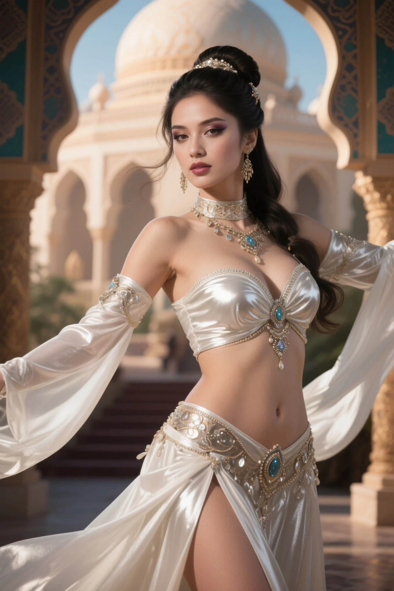 (((realista))), (((mejor calidad))), (((Obra maestra))), (((Fantasyart)))), asian indian, 30 years old dressed in sexy Arabic clothes, super caliente, sexualizada, pechos enormes, medio plano