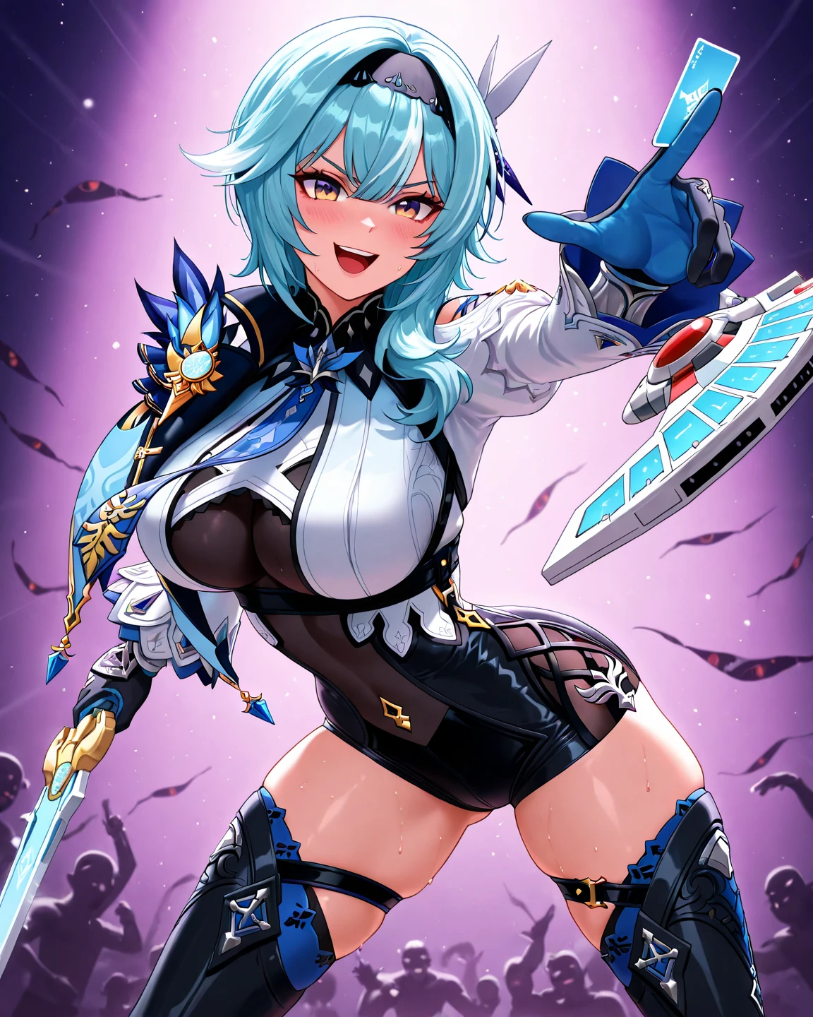 (best quality), (ultra-detailed), (best illustration), (best shadow), masterpiece, high res, (1gir, solo), aqua, blue eyes, blue skirt, green bow, blue shirt, detached sleeves, bare shoulders, hair rings, blue stockings, ponytail, hair ornament , corruption, showgirl skirt, parted lips, cameltoe, skindentation, seductive pose, large breasts, glowing eyes, simple background