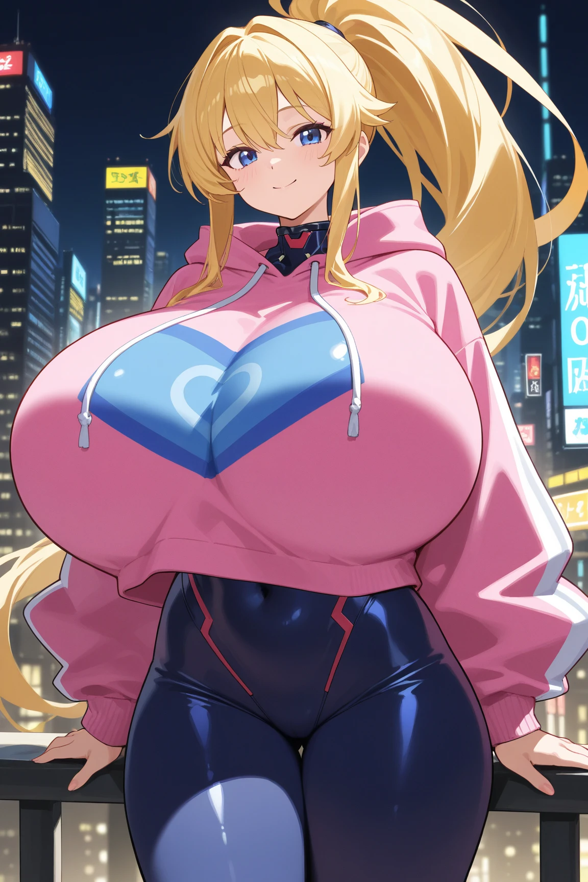 ((Best image quality，highest quality，T masterpiece))、1 girl 1 person、((Very large breasts:1.4))、Beautiful crotch、Korean idol types、Beautiful woman、((city:1.4))、((Standing girl:1.7))、(anime)、Detailed body、(Blonde Hair:1.3)、((Special Clothing:1.6))、((ponytail:1.35))、lipstick、blush、I&#39;m sweating a lot、choker、Earrings、((Place your hands behind your head:1.35))、Nipple Election、Detailed Background