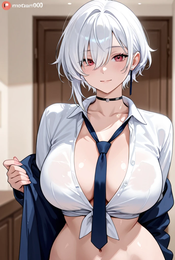 masterpiece, best quality, mid, 1girl, solo, adult, silver hair, messy hair, cat ears, white unbuttoned shirt, black bra, large breasts, smile, standing, grabbing her breasts, infront of viewer