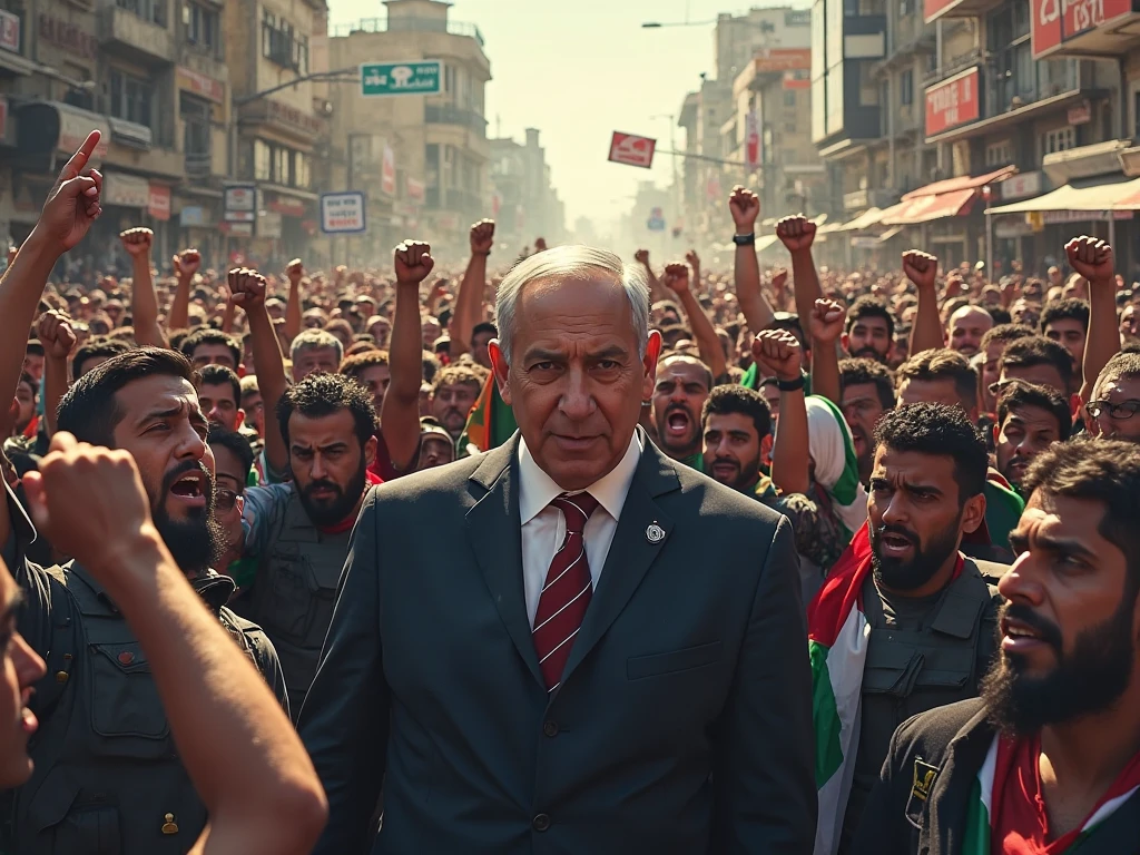 Create an image that captures the intense and ongoing conflict between Israel and Palestine. In the scene, Benjamin Netanyahu stands prominently, symbolizing Israeli leadership. In the background, Palestinians hold their national flags, displaying expressions of suffering and despair. The setting should evoke the heavy atmosphere of conflict, with a focus on the human impact and the deep-seated tensions between the two sides. The overall tone of the image should reflect the complexity, pain, and enduring nature of the conflict.
