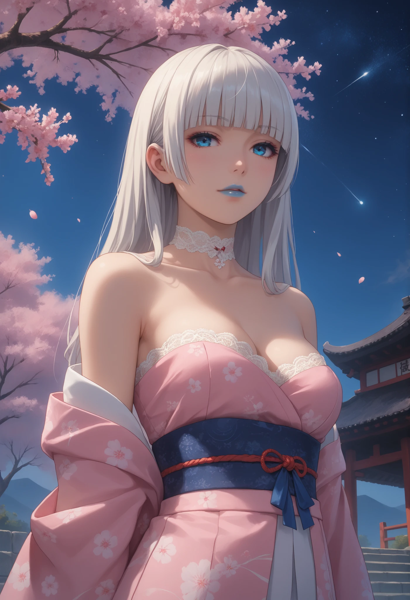 kirari momobami, long hair, white hair, highly detailed hair, hime cut, big blue eyes, highly detailed face, glossy detailed lips, blue lipstick, blunt bangs, eyeshadow, medium sized breasts, cleavage, exposed shoulders, collarbone, lace choker, highly detailed clothing, japanese clothes, intricate lace kimono with long flowing sleeves, lacey bra (strapless), stood, dynamic angle, view from below, dynamic background, traditional Japanese garden, cherry blossoms, sakura, cherry blossom trees, night sky, starry sky, shooting stars, stunning 8k quality, masterpiece, vivid colors, arms and hands behind back, leaning slightly, slight head tilt
