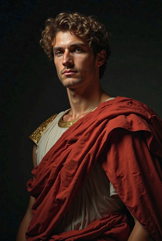 Dressed in ancient Greek clothing,With an olive branch