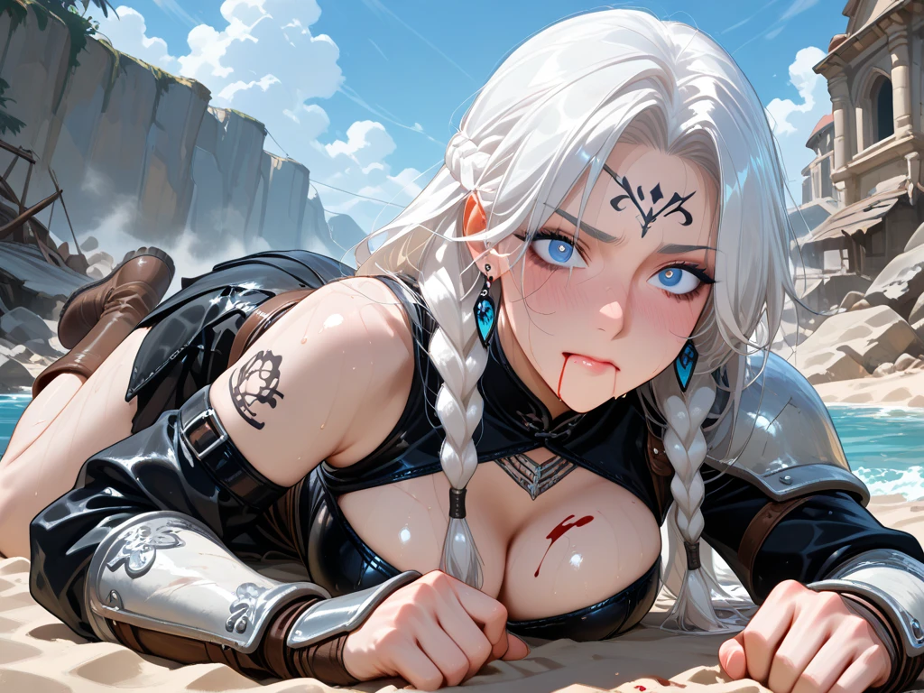 Yamato, barefoot, white crop-top, short shorts, cleavage, black lipstick, black eyeliner, black nails, dirt road, countryside, angry, crying, spiked collar, spiked wrist bracelets, leash on collar, spiked ankle bracelets, wrists tied up, ripped clothes