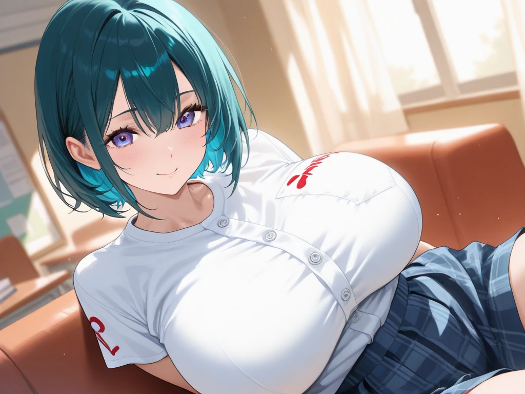 完璧な顔,School gym uniforms,(pale skin:1.2),colored hair,(huge breasts),(wide tits:1.3),(full bust),busty, Round breasts ,Athletic breasts,slender, (Curvaceous physique) ,Skinny Body ,(toned stomach)
breath,sweat,wet,smirk,nose blush, heart-shaped pupils, frustrated,short pants,bed room,1 women,bra under shirt,close-up,clothed,wet shirt, Multicolored bra,(closed shirt),bra,(lying:1.4)