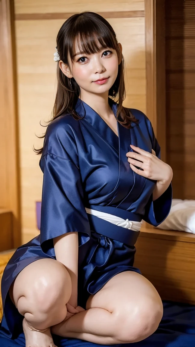 20-year-old, 8K, RAW Portrait (Japanese Girls), photo Realistic, Ultra-high resolution, Highest quality, Actual photo , dramatic, Atmospheric, Realistic,
One girl, a very beautiful Japanese Girls, Big Breasts,Glamorous shot of a girl, smile,Bobcut,Textured skin,Bathrobes,Hotel,lying on bed,Thighs,Big and beautiful eyes,Rich, Beautifully detailed nose,View your viewers, 