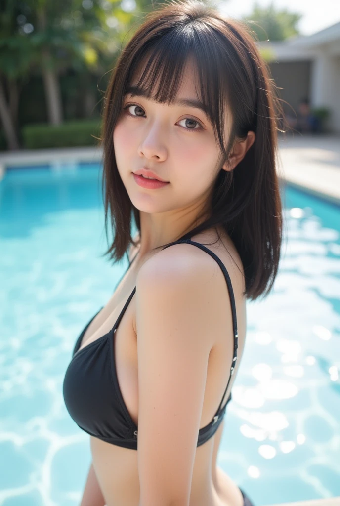 in 8K,Best Quality:1.4, 超A high resolution:1.5, (Photorealistic:1.4),masterpiece:1.2,(top-quality:1.4)、 Raw photo、 (the background is blurred), in poolside, a japanese girl, Cute, (Solo:1.4), (Shy smile), Smooth skin、Floral Bikini:1.3、 (Brown medium hair,Bangs), (touch hair:1.4),nogizaka,Cute swimsuit,Supple fingertips,Beautiful black eyes、dual、natural skin textures:1.3, realistic eyes and face details:1.7、middlebreasts、early evening、Gravure Pose:1.1、Toned buttocks:1.5、Hands behind the head、gazing at viewer、Looks fun、FULL BODYSHOT
