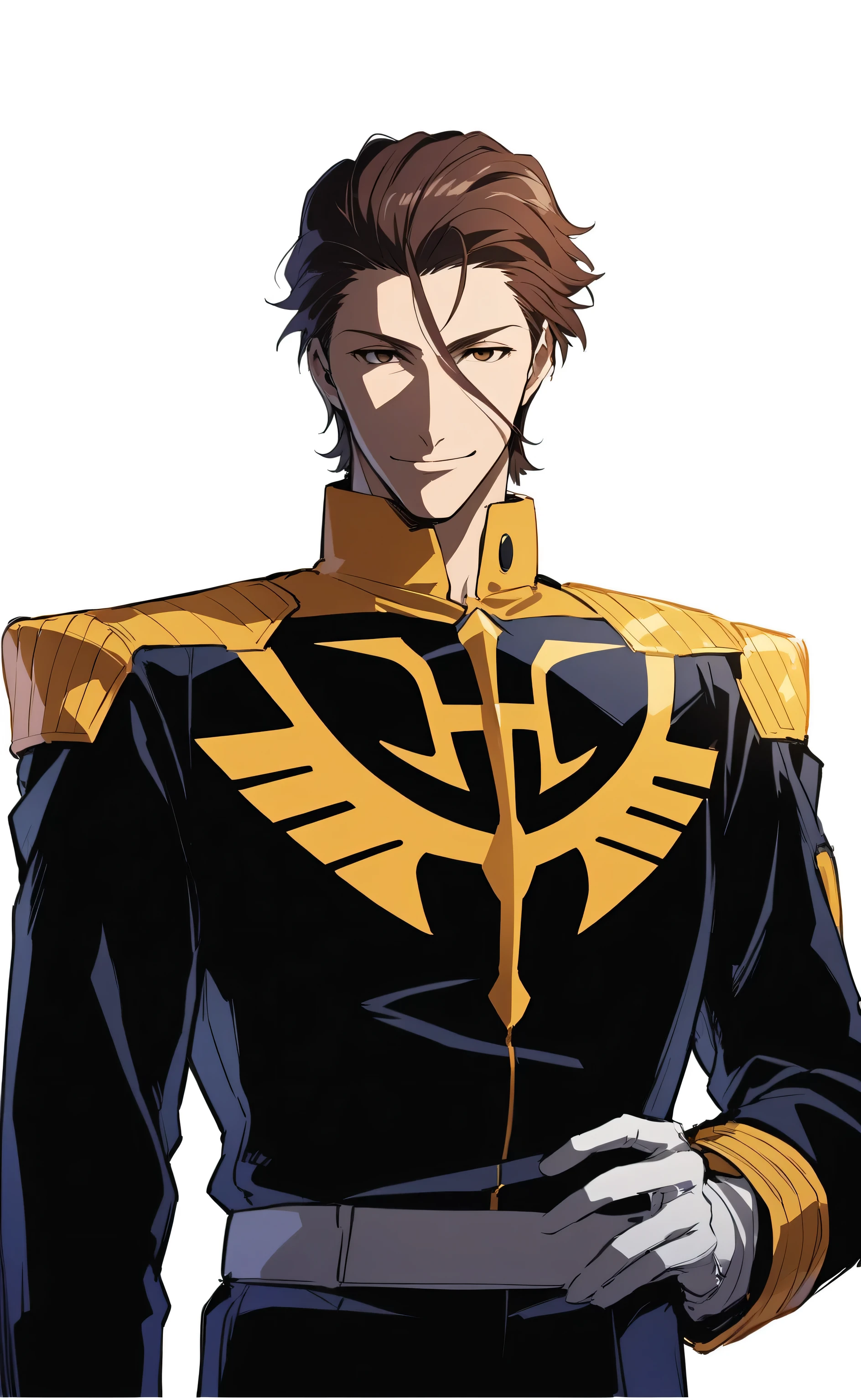 1male,solo,Sousuke Aizen,brown hair,short hair,slicked back hair,brown eyes,empty eyes,smile,Gundam 00 Style
