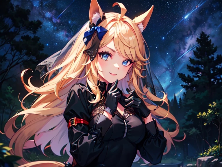 female, long blonde hair, light blue eyes, wolf ears and tail, black leather hunting dress, dense forest, full moon
