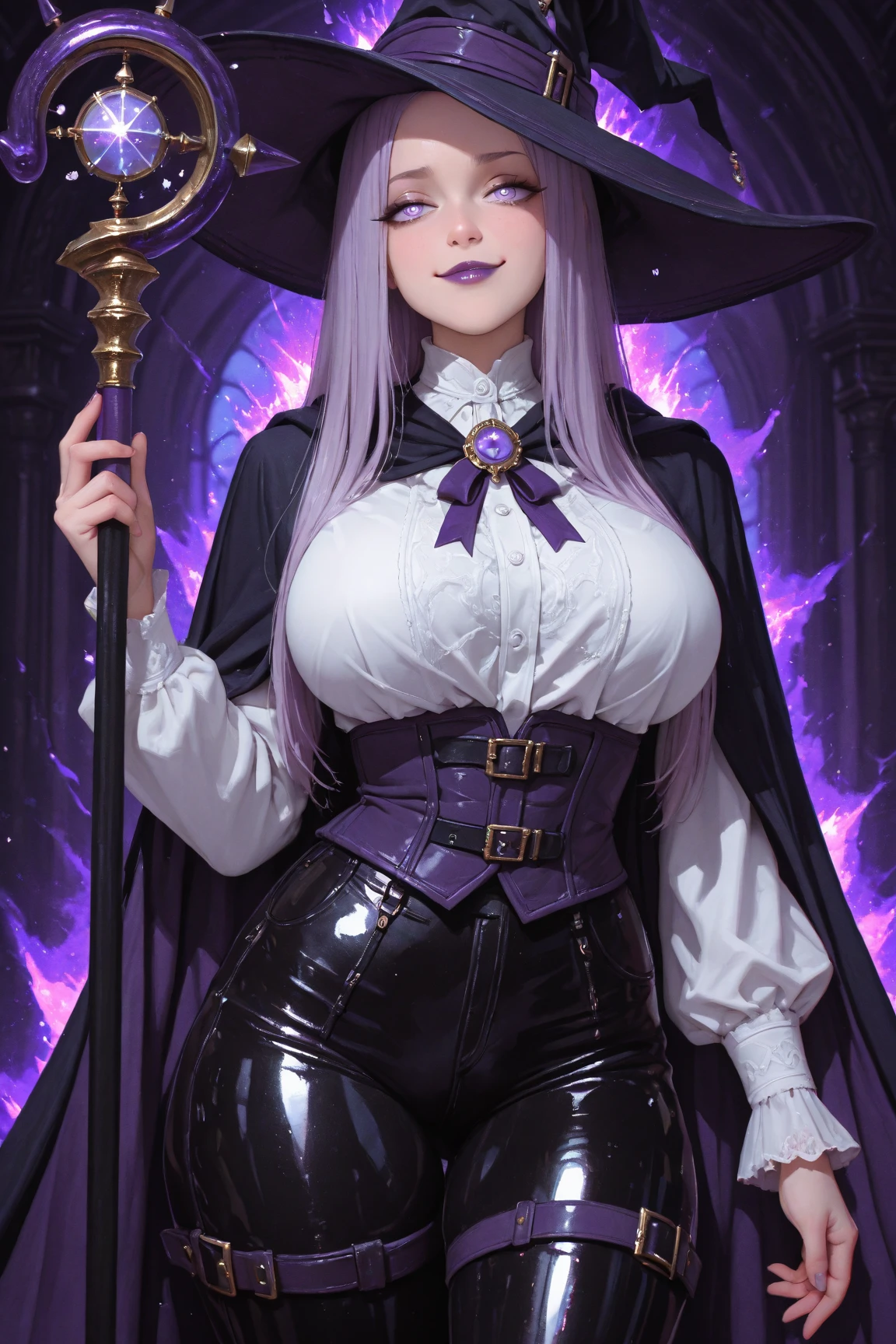 (obra maestra) (La mejor calidad) (Cara perfecta) en un bonito estilo anime. Una joven divertida y aterradoramente linda disfrazada de bruja en Halloween. Lleva un sombrero largo y una escoba vieja, a black harness and a frilly skirt. Ella se para en una calle por la noche con una burla, evil expression. La calle es oscura pero hay luces ornamentales que dan un aspecto siniestro y aterrador al lugar.. A little purple. Motor irreal. Luis Royo Style. Arte 3D ((pechos grandes)) (cuerpo fitness)