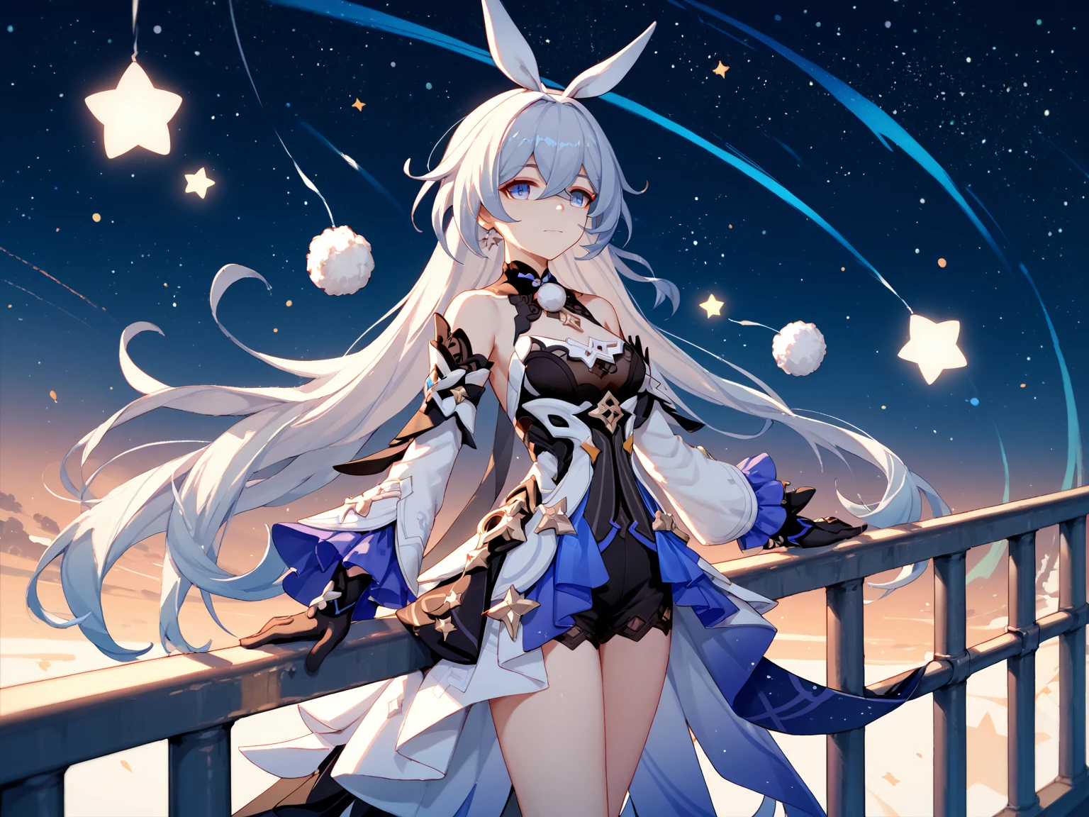 highest quality、One girl、、Big Breasts、Cleavage、(Bunny ears)、Long silver hair、Blue Eyes、Light clothing、smug face