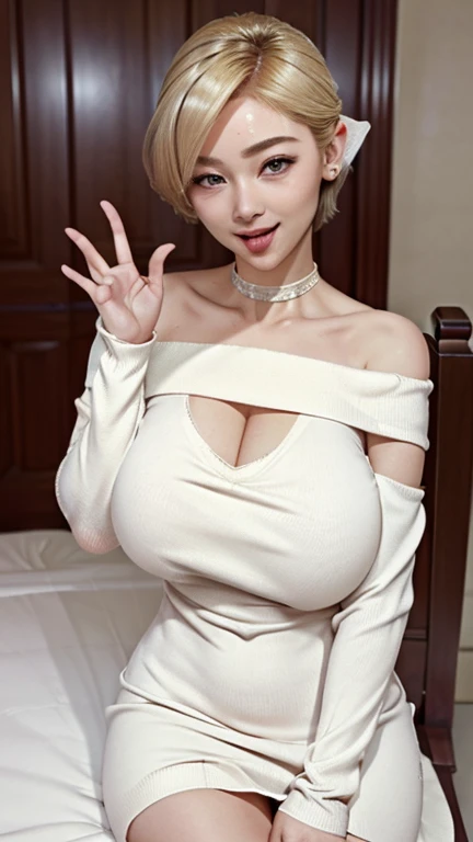 (Highest quality、Tabletop、8K、Best image quality、Award-winning works)、One beautiful woman、Age 25、(alone:1.1)、Perfect beautiful composition、(Big and ample breasts、Exactly、(Accentuate your body lines:1.1)、( Very short hair:1.3)、(Perfect white turtleneck sleeveless knit sweater:1.2)、(Elegant Melton Skirt:1.2)、(Full body photo:1.1)、Look at me and smile、(Highly blurred and precise city park background:1.1)、Glamorous Body、Big Breasts、Standing Elegantly、Droopy eyes、Natural Makeup、Ultra-high definition beauty face、Ultra HD Hair、Ultra HD Shining Eyes、Ultra-high quality glossy lips、Accurate anatomy、(very bright and vivid:1.3)