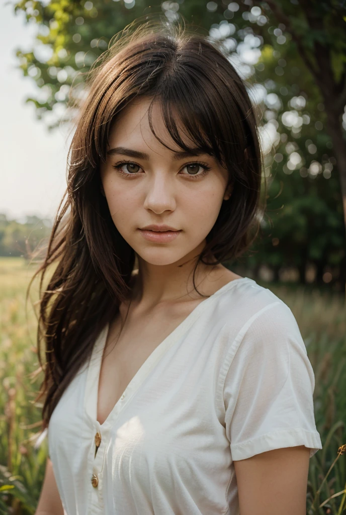 ((Best quality, 8k, Masterpiece :1.3)),  ultra realistic, real life textures, photorealistic shot, of a gorgeous asian model, teasing pose, Sharp focus, full body shots , round hips, Sharp focus :1.2, A pretty woman with perfect figure :1.4, Slender abs :1.1, ((Dark brown layered hair, puffed breasts, ample cleavage :1.2)), (White skinny tight tshirt, v neck t-shirt :1.2) , Highly detailed face and skin texture, Detailed eyes, Double eyelid, dynamic rendering, bokeh background 