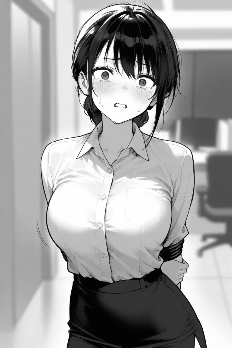 （（super high quality,Ultra-high resolution,16K,super masterpiece,Ultra HD ,Detailed shading,））On top of a hill lit by the setting sun,Sexy Mature,（（A pink shirt with a tight standing collar,Cleavage,））,Red pencil skirt,Looking into the camera,Brown medium long hair,Ahegao,blush,Thick lips,Sweaty,
