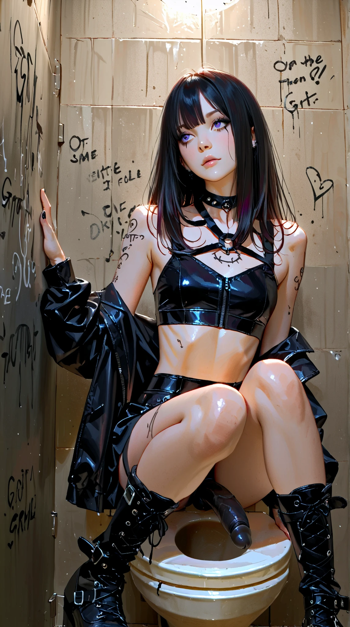 black hair, long hair, blunt bangs, studded choker, heavily tattooed, leather jacket, torn clothes, medium breasts, embarrassed, spiked bracelet, chain necklace, black crop top, dark skin, mature female, ((NSFW)), hand between legs, fingering, ????????????, female masturbation, black lipstick, black eyeshadow, breast rings, ass tattoo,