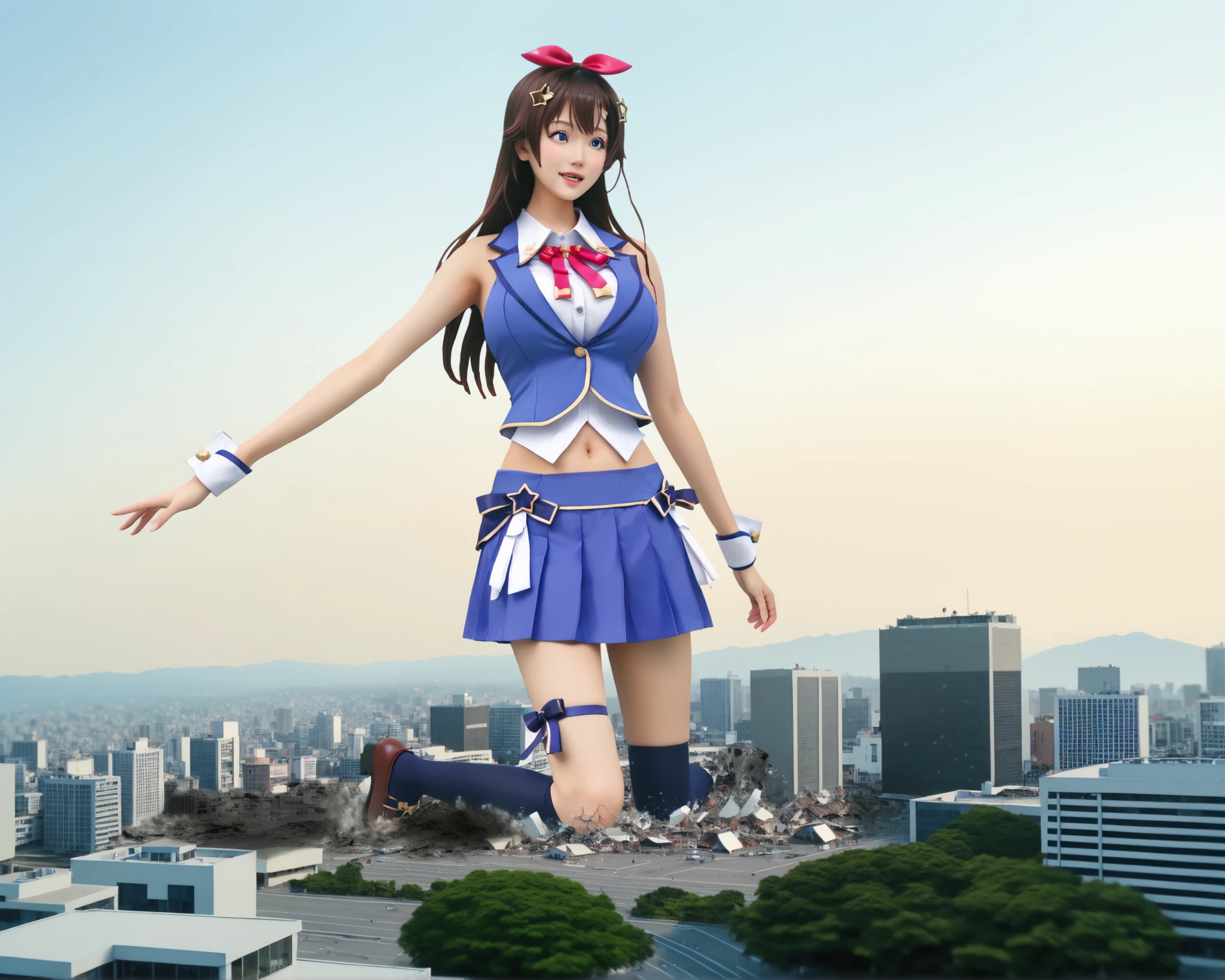   And sky , one girl on a day off, score_9, score_8_up, score_7_up, My hair, has a scoundrel expression「 And sky 」, 茶色いMy hair,real, long My hair , star-shaped My hair accessory ,   My hair bow , blue eyes , blue vest , sleeveless shirt , red ribbon , belly button , pmaru as wrist cuffs , blue skirt , blue thigh high socks , Thigh ribbon , Waist Cape ,Big breasts,hand,City buildings in the background, hand前の建物, Miniature metropolis, girl taller than the building, City buildings in the backgroundがある, たくさんの壊れた建物のHUGE SHOT, Giant Art、tall surreal and highly detailed giant shot of falling down into a building、girl taller than the building、the ground underfoot is cracked。162 kilos tall,,Destruction,Wet, water,walk, let's smash a proposal、HUGE SHOT、hand前の建物、 the ruined city、rubles, Giant Art、very surreal and very detailed、girl taller than the building、the ground underfoot is cracked細かいrubles, shows a big girl,evening 。blue sky,Girl standing breaking through a building,A very small port town,とても小さな漁船がwater面に浮かんでいる,A woman collapsed into a building,solo,one woman,Woman destroying the city,Sky when falling down on a building