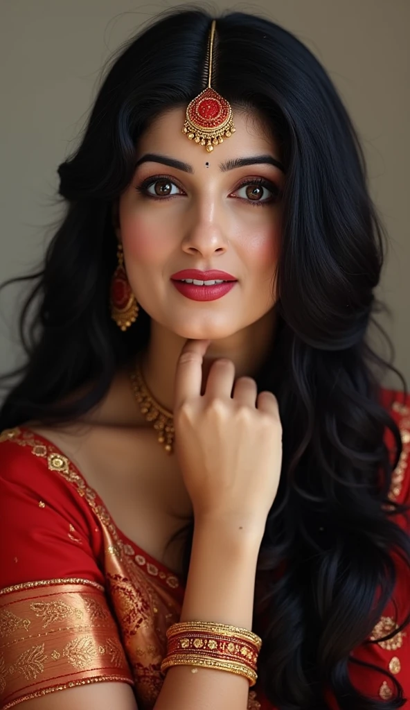 A beautiful Girl she applies vermilion in her maang, long black hair, red lipstick, Wearing a golden bangle