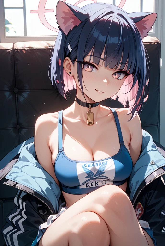 Masterpiece, highres, high Quality, , 1girl, solo, only one person, from behind, detailed body renderhyuuga hinata, hinata-sleeveless-outfit, detailed face, smile, beautiful eyes, dark lips, large breasts, sleeveless shirt, fishnet top:1.3, unzipped jacket, large shiny breast, thick thighs, no bra, breasts out, puffy , blushes, in the bedroom, dresser, Mirror, clothes in closet, Ninja medical equipment, (bed, panties and bra on the bed),