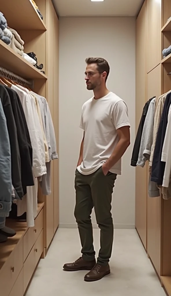 181 cm tall, 22-year-old shirtless male model, thin and lean figure:1.4, short platinum blond hair messy layered hair, side swept bangs, Germanic-Icelandic features, black pants, amused expression, standing in large chic dark walk-in closet lined with colorful dresses, pants, shoes and other accessories, photorealistic, cinematic