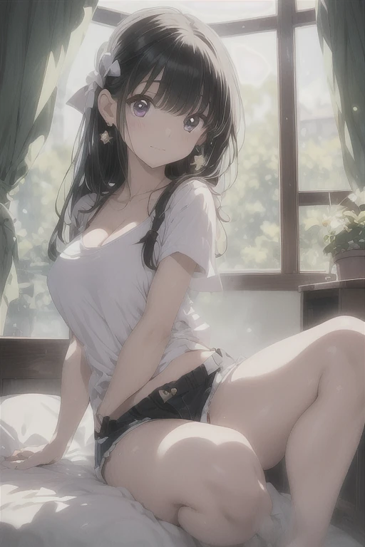 One person、masterpiece、Highest quality、Super detailed、High resolution illustrations、Improve skin quality、Increase eye appeal、Drawn in detail、Perfect body structure、Middle-aged female office worker、Spread your legs、Showing her cream colored panties、Showing off her cream colored bra、Are thin、Flat chest、Long black hair、Tears well up in my dark eyes、Slanted Eyes、Unpleasant、Sweat、Sigh、