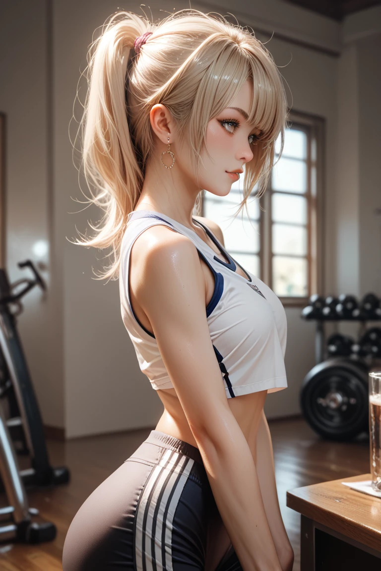 Caucasian woman, blonde hair, dark hair roots, wavy hair, hair back, hair in a ponytail, green eyes, athletic body, small breasts, nipples, bright red lips, white top, miniskirt, gold earrings, gold bracelets, gold wrist watch, legs open, (sitting on chair), (underwear can be seen under the skirt), view of the camera, pink underwear, highlights the muscles with shadows, classroom, Frontal shot.