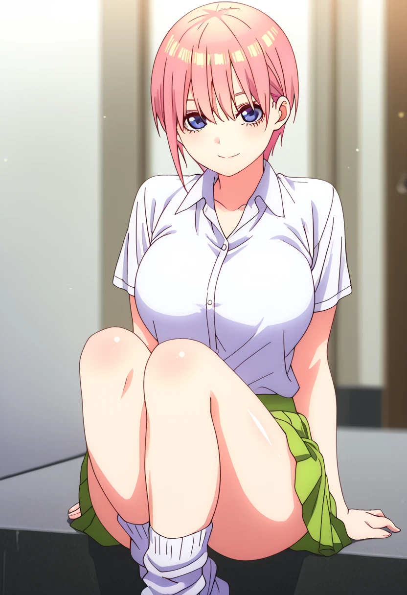 masterpiece, high quality, 8k, Beautiful lighting,sunny day, 1 girl, alone, Miyako Shikimori, Close ~ eyes,Open your mouth wide,((White Shirt)),,(Underboob), Sweat,（（（Lower body naked）））,(White lace panties）,（（（White underwear）））,Detailed clavicle , blush,, Medium chest,,Lie on the classroom floor,（（（Spread your legs）））