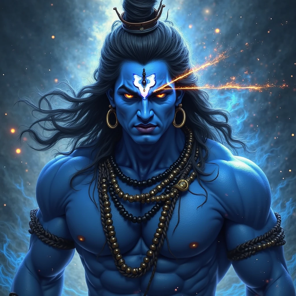 This image depicts an artistic representation of Lord Shiva, a major deity in Hinduism. The silhouette style showcases Shiva holding a trident (Trishula) and having a crescent moon on his head. The image also features a smaller figure of Shiva within the larger one, emphasizing a divine or spiritual reflection. The use of dark and light contrasts highlights the mystical and powerful nature of the deity.