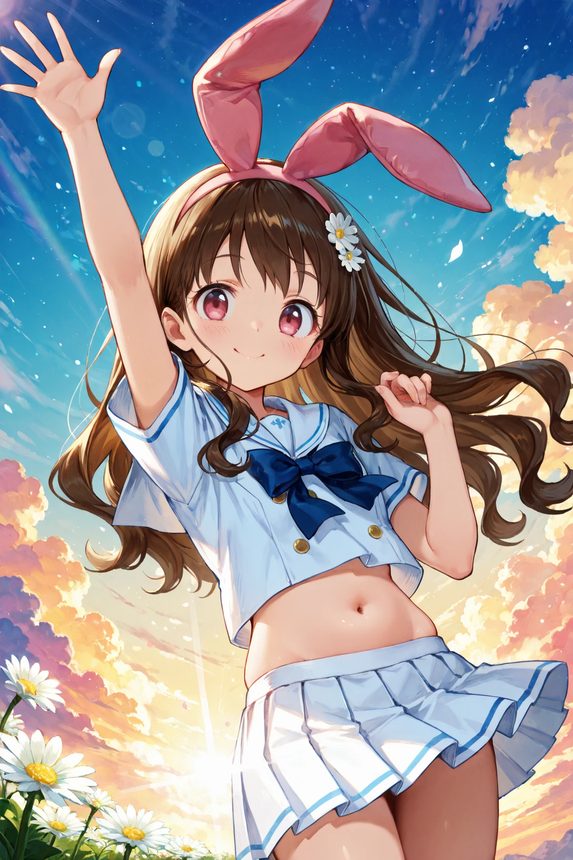 <lora:Shinka_Nibutani:0.8>, best quality, Shinka_Nibutani_\(Mori_Summer\), 1girl, brown_hair, light brown_eyes, serafuku, red_tie, crop_top_overhang, bridal_veil, hair_ornament,large_breasts, bracelet, long_hair