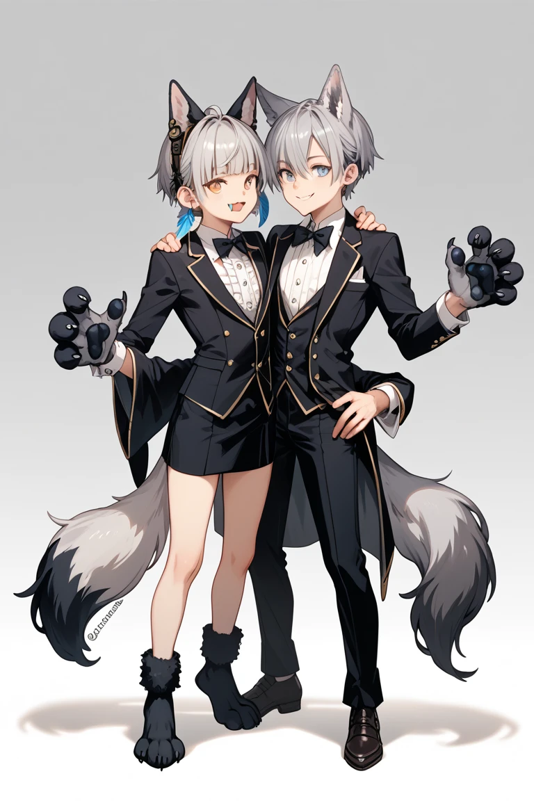 Cute catboy with white hair teenager around 13-15 years old with fluffy ears and messy hair that is short. One person and male that is super cute