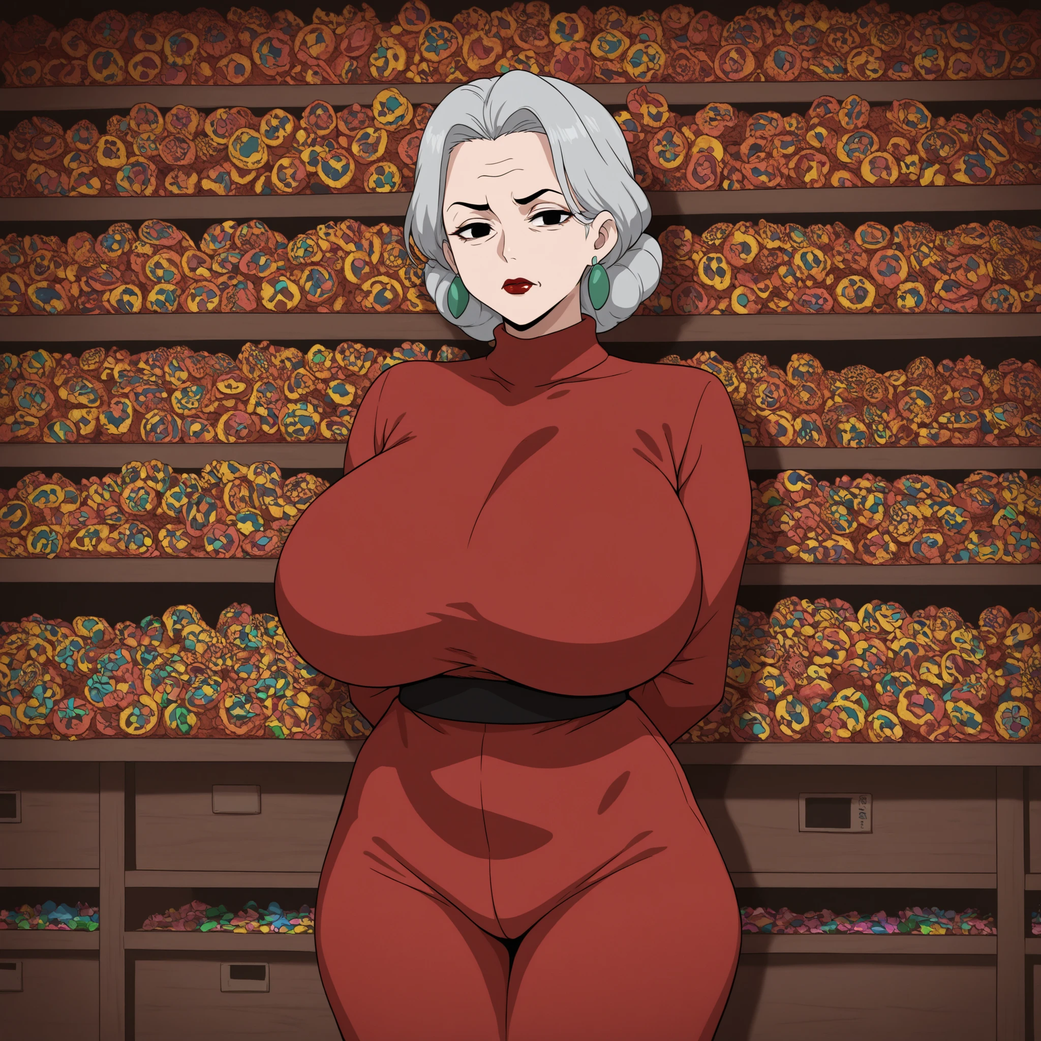 Grandma. gray hair, black eyes, short hair, dark red lips, wrinkles, earrings, makeup, huge saggy , cowboy shot, frown ,looking at viewer, masterpiece, best quality, amazing quality, 2 old woman and ung guy.| A mysterious box. There are many colorful candy boxes lined up. Among them, there is one plain box. The plain box has a question mark on it. A girl and a black cat are interested in the plain box. Drawn with a comedic touch. Cheerful and colorful image.


