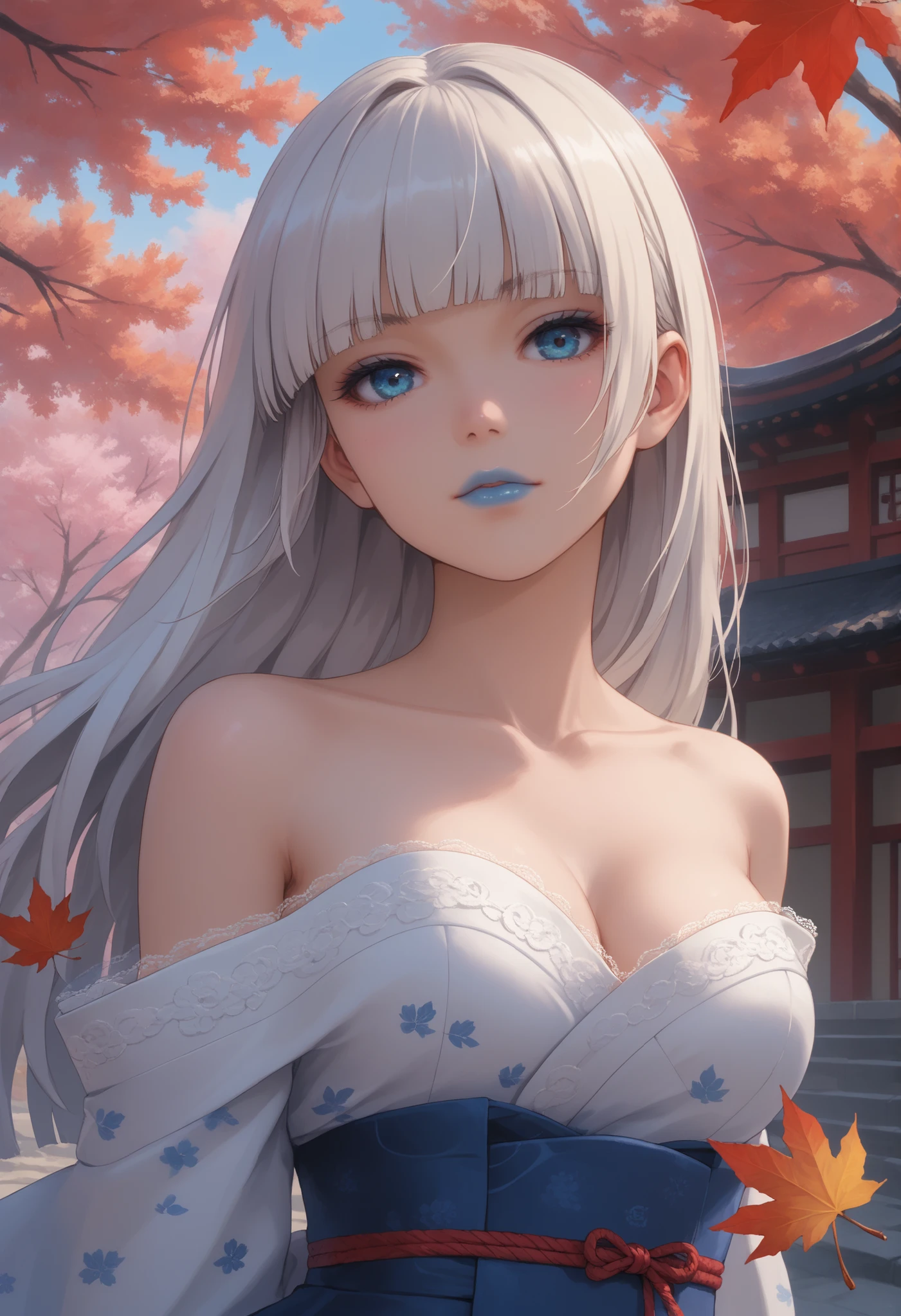 kirari momobami, long hair, white hair, highly detailed hair, hime cut, big blue eyes, highly detailed face, glossy detailed lips, blue lipstick, blunt bangs, eyeshadow, medium sized breasts, cleavage, exposed shoulders, collarbone, highly detailed clothing, japanese clothes, intricate lace kimono with long flowing sleeves, lacey bra (strapless), stood, dynamic angle, view from below, dynamic background, traditional Japanese garden, cherry blossoms, autumn leaves, autumn tress, stunning 8k quality, masterpiece, vivid colors, arms and hands behind back, leaning slightly, slight head tilt, hair blowing in wind